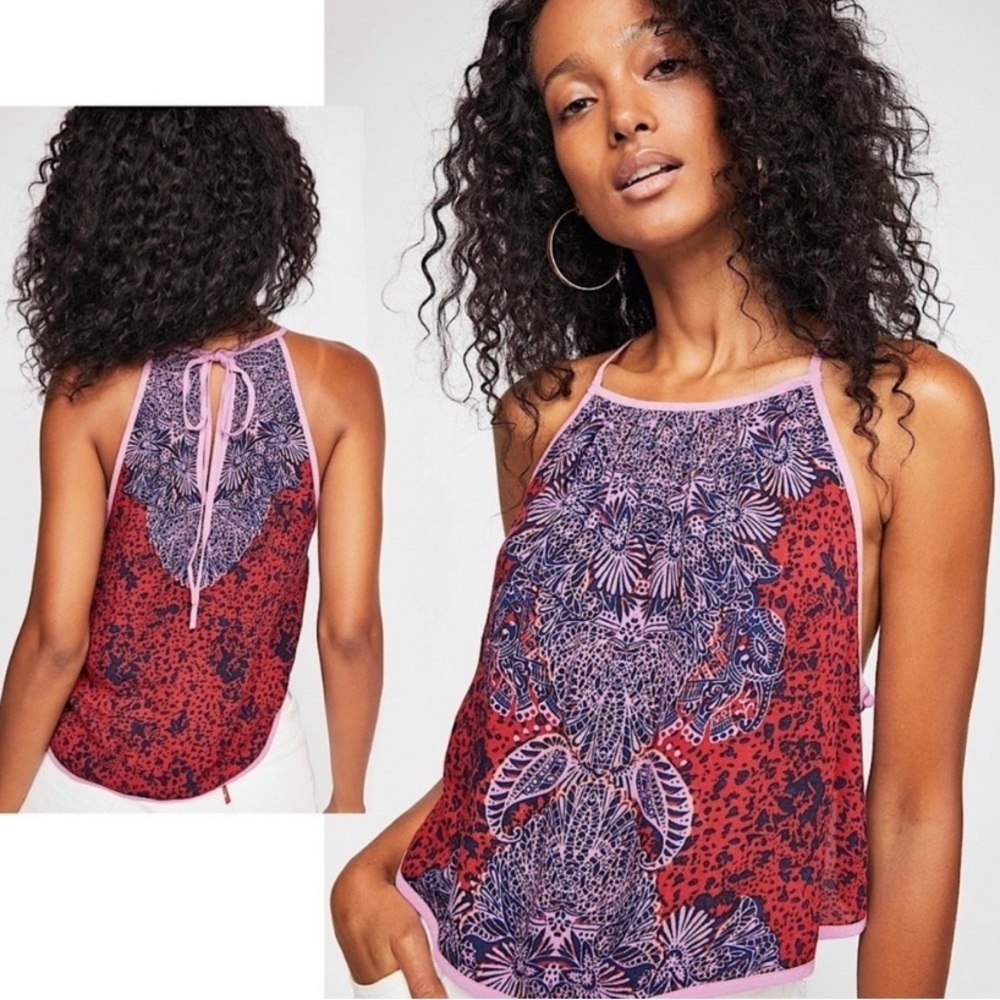 FREE PEOPLE Break Free Lilac/Red Boho Paisley Cropped Spaghetti Strap Tank Sz M